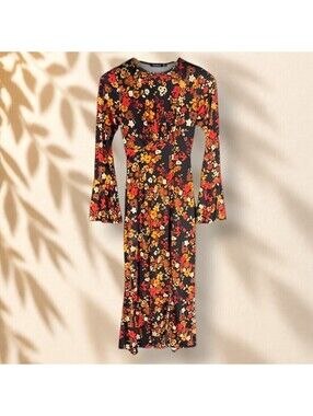 Boohoo Dress Women 2 Black Floral Sheath Midi Long Sleeve Crew Neck Casual